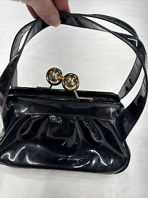 #ad Black Faux Leather KISS Lock Wristlet Handbag Pouch Gold Tone Evening Bag Purse