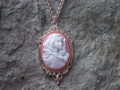 #ad VIRGIN MARY amp; BABY JESUS CAMEO ROSE GOLD TONE COPPER NECKLACE RELIGIOUS WHITE