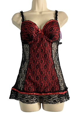 #ad Just Sexy Intimates Two Piece Lingerie Set Size Large Black And Red Lace Cami