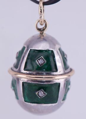 #ad Antique Empire Easter Egg Pendant Silver Enamel Gold Diamonds c1890#x27;s