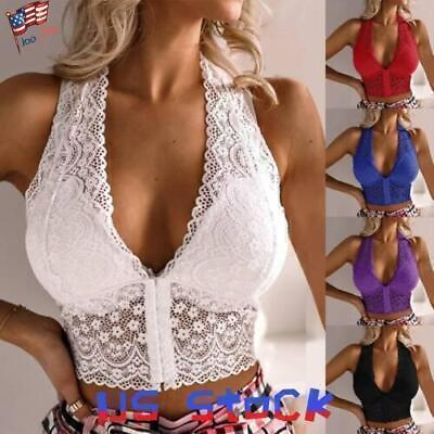 #ad Womens Front Fastening Lace Corp Top Bra Ladies Halter Stretchy Cami Underwear