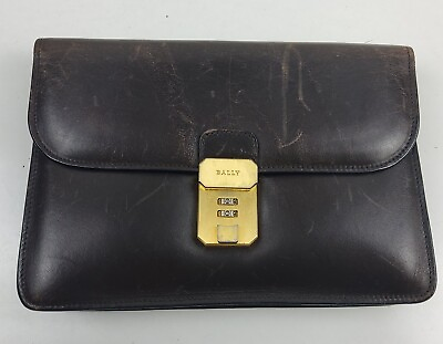 #ad BALLY Leather Clutch Bag Purse Combination Lock Wrist Strap Unisex Dark Brown