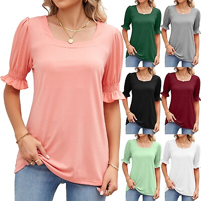 #ad Women#x27;s Summer Solid Square Neck Puff Sleeve Short Sleeve Loose T Shirt Blouse