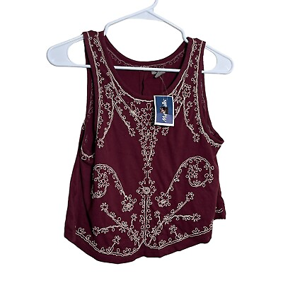 #ad Ecote Women#x27;s Small Maroon Embroidered Split Back Round Neck Shirt Tank Top