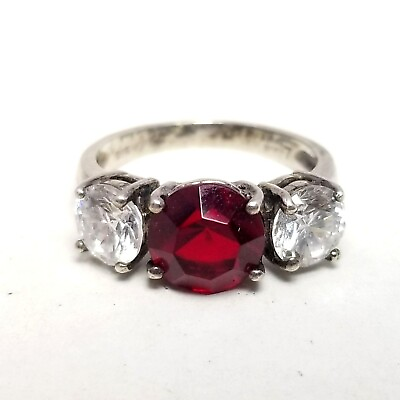 #ad Vintage Sterling Silver Red and Clear Rhinestone Three Stone Band Ring Size 7