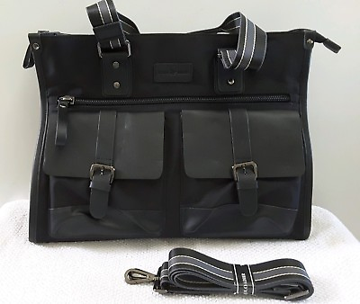 #ad Black Briefcase Satchel Nylon Faux Leather Accents Tablet Pocket