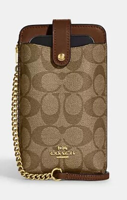 #ad 🔥NEW Coach Phone Crossbody In Signature Canvas Gold Brown KHAKI Leather C7397