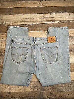#ad VTG Levis 505 Men 36 x 30 Light Blue Jeans Denim Distressed Regular Fit