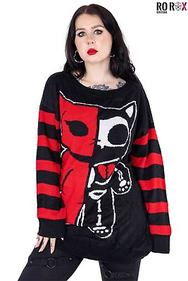 #ad Cupcake Cult Half Dead Cat Jumper Gothic Skeleton Wide Stripe Knitted Ghost