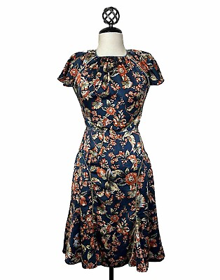 #ad Zac Posen Silk Floral Midi Cocktail Dress Womens Cut Out Back Piping Lined Sz 2