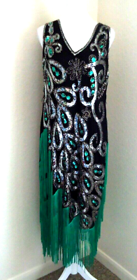 #ad Roaring Peacock Style 1920s Flapper Gatsby Evening BLack Green Dress Size XL