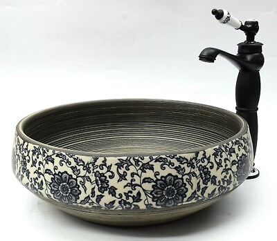 #ad Vintage Floral Black Grey Bathroom Ceramic Counter Top Wash Basin Sink Bowl Unit