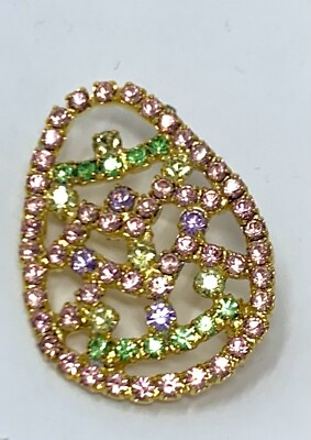 #ad Rhinestone Easter Egg Pink Multi Color Pin Brooch Gold Tone Hand Made Vtg