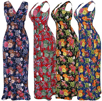 #ad Women#x27;s Deep V Neck Floral Smocked Waist Summer Sundress Long Dress