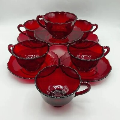#ad Vintage Ruby Red Depression Glass MARTINSVILLE NEWPORT 6 Tea Coffee Cup 5 Saucer