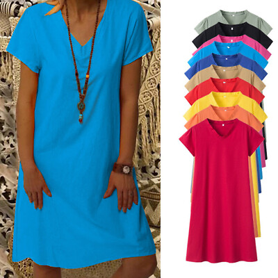 #ad 💙💙T Shirt Linen Summer Baggy Plus Size V neck Womens Cotton Ladies Tops Dress‹