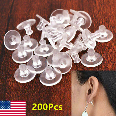 #ad 200 Pcs Clear Silicone Earring Backs Safety Locking Stoppers Post Replacement US