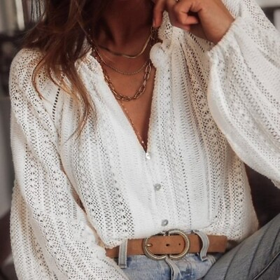 #ad L New White Lace Long Sleeve V Neck Button Front Blouse Top Women#x27;s Size LARGE