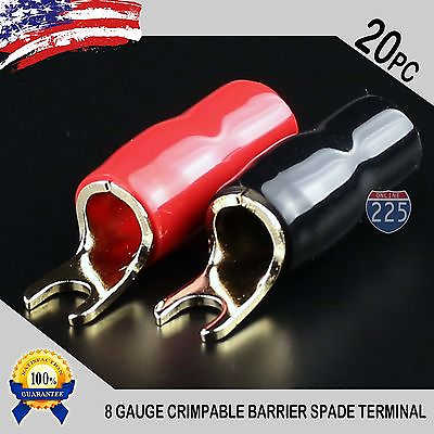 #ad GOLD PLATED SPADE FORK 8AWG GAUGE TERMINAL BLACK RED 20 PCS INSULATED CONNECTOR