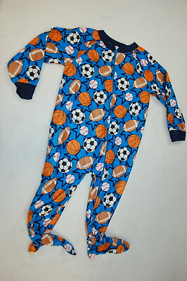 #ad Toddler Boys Pajamas BLUE L S FLANNEL SLEEPER Footed SPORTS BALLS Zip Front 2T