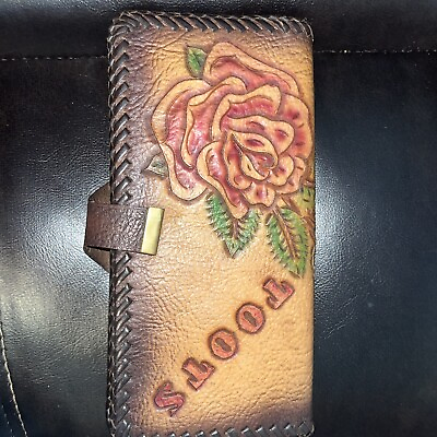 #ad Vintage Tooled Leather Wallet Checkbook with Carved Rose Design