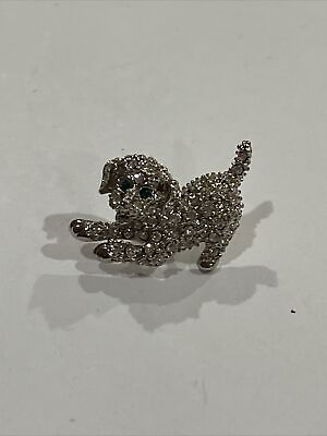 #ad Silver Tone Sparkling Crystal Dog Brooch Pin Lapel With Green Eyes
