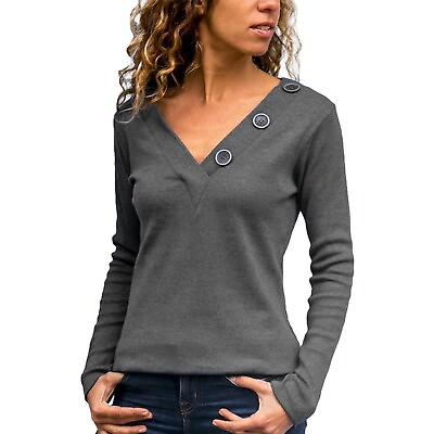 #ad Casual Women#x27;s Long Sleeve Tops Solid V neck Blouse Shirt Basic Tee Tops Blouse