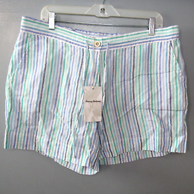 #ad Tommy Bahama Stripe Shorts Womens Large 100% Linen 5quot; White Blue Drawstring $99