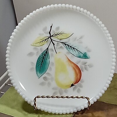 #ad PEAR Fruit Milk Glass Beaded Edge PLATE 7 Inch Round Vtg Decorative Yellow