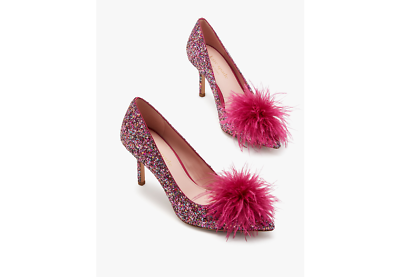 #ad NEW Kate Spade Designer Sparkly Feather Pink Shoes Marabou Pump Heel Sz 5.5 NIB