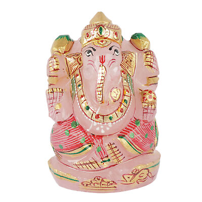 #ad 1100 Ct. Natural Gem Pink Quartz Ganesha Ganesh Statue Figurine Gemstone 2