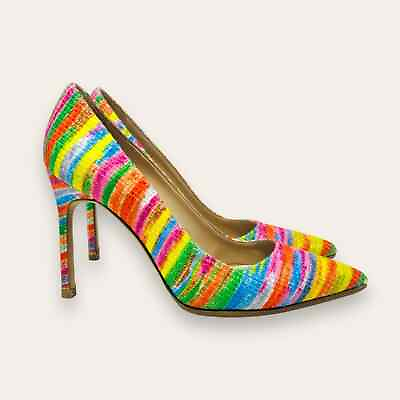 #ad Manolo Blahnik BB Fabric 105mm Stiletto Pump Pointed Toe Rainbow 37.5 EU Women’s