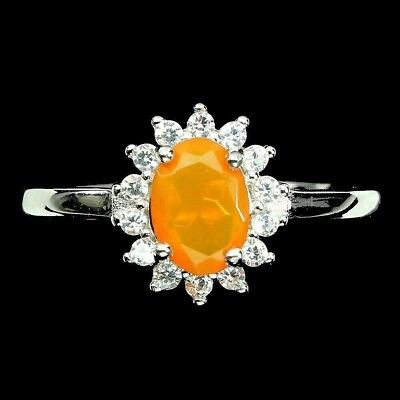 #ad Ring Orange Fire Opal Genuine Mined Gem Solid Sterling Silver Size N US 6.75