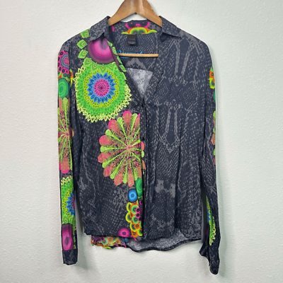 #ad Desigual Shirt Blouse Floral Long Sleeve Top Multicolor Artsy Button Up Size XXL