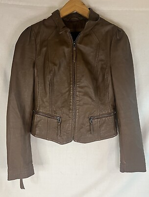 #ad Womens ZARA Basic Brown Leather Lambskin Jacket Size Small Zipper Accents