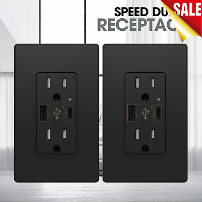 #ad 2PC USB C Charger Wall Outlet 4.8A High Speed Duplex Receptacle 15 Amp Black