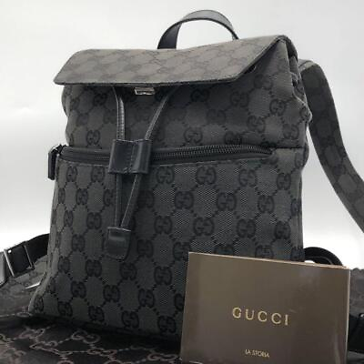 #ad GUCCI Backpack GG Canvas Leather Logo Engraved Black Authentic Used JPN