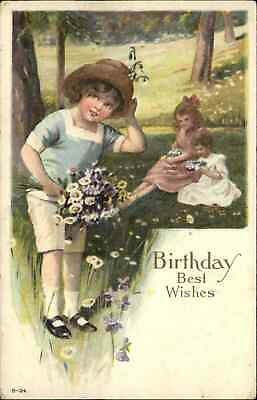 #ad Birthday Adorable Children in Meadow of Flowers c1920 Vintage Postcard