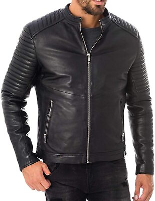 #ad Leather Jacket Mens Motorcycle Biker Real Cafe Racer Bomber Coat Lamb Black 46