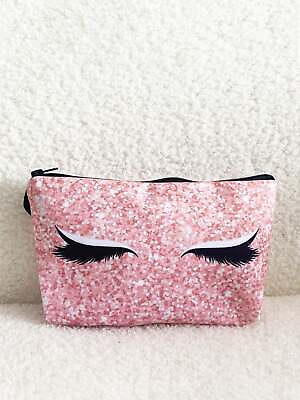 #ad Pink Imitation Sequin Eyelash Makeup Bag Cosmetic Organizer Toiletries Bag