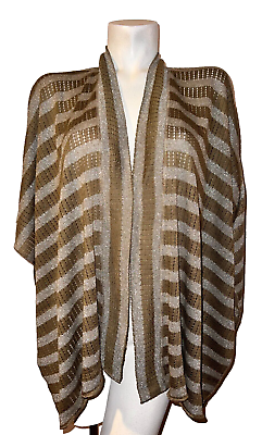 #ad CHICO#x27;S Sweater Olive Brown Ruana Metallic Wrap Striped Open Cardigan One Size