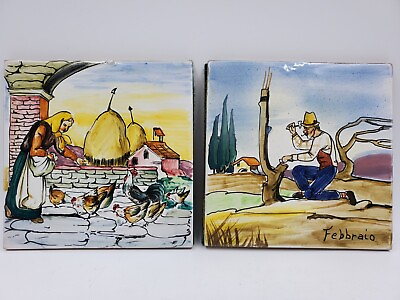 #ad VTG Italian Art Handpainted Tile Countryside In Italy 6quot;x6quot; Set Of 2