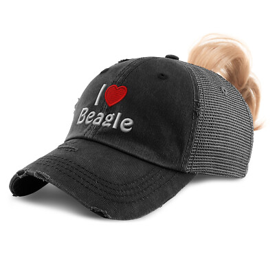 #ad Womens Ponytail Cap I Love Beagle Red Heart Pet Lovers Distressed Trucker Hats