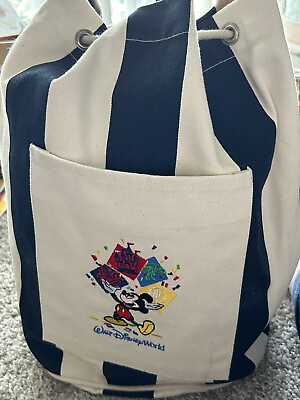 #ad Vintage Walt Disney World Mickey Mouse Canvas Backpack Tote Drawstring Bag Beach