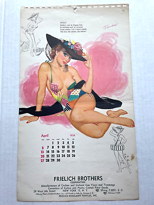 #ad April 1958 Pinup Girl Calendar Page w Holly in Floppy Hat by Randall
