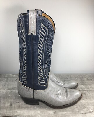 #ad Vtg Tony Lama 8056 Black Label Blue Leather Cowboy Western Mens Boots Size 7