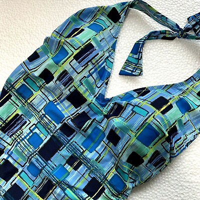 #ad 12 Gideon Oberson Halter Swimsuit One Piece Blue Geometric Designer Swim