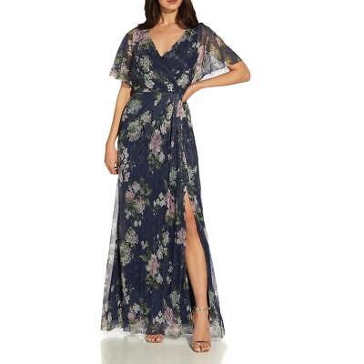 #ad Adrianna Papell Womens Navy Metallic Floral Evening Dress Gown 10 BHFO 2280