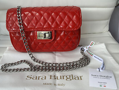#ad SARA BURGLAR Red Quilted Genuine Patent Leather Shoulder Bag Handbag Italy NWT