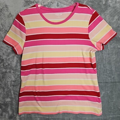 #ad Lands End Women#x27;s Shaped Fit Sz Lg Stripe pink short sleeve cotton